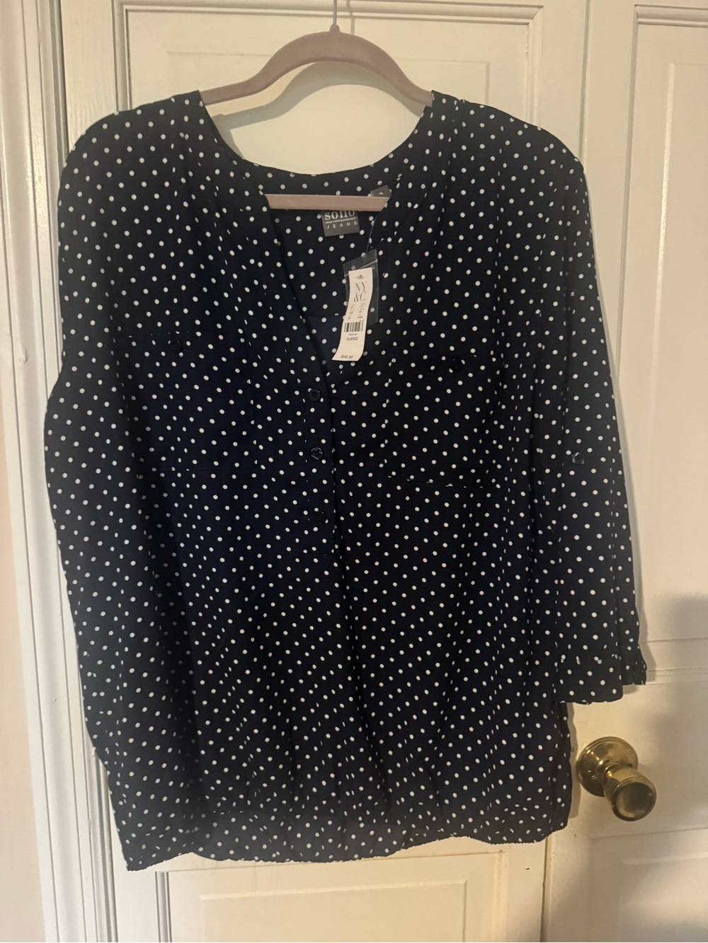 NWT SOHO New York & Company Jeans Navy Polka Dot Blouse XL